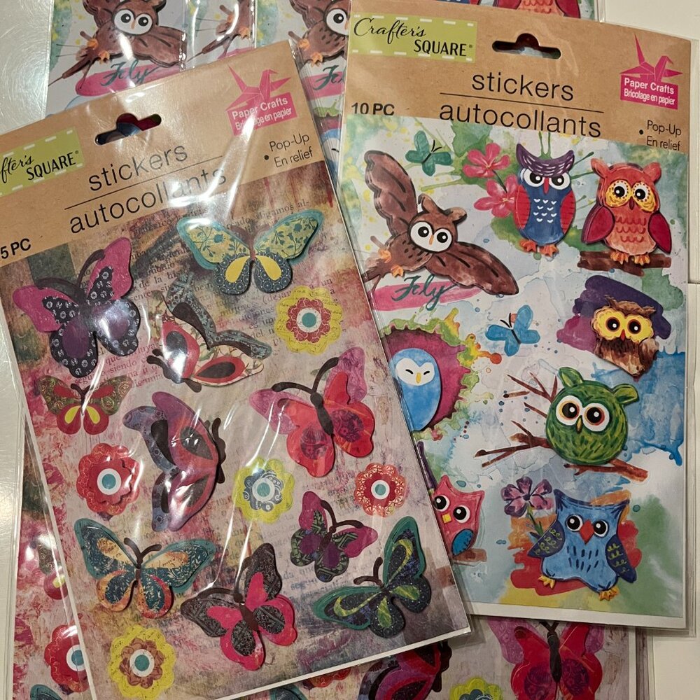 Animal Themed Pop-Up Stickers (10 Packs Owls Butterflies) NEW